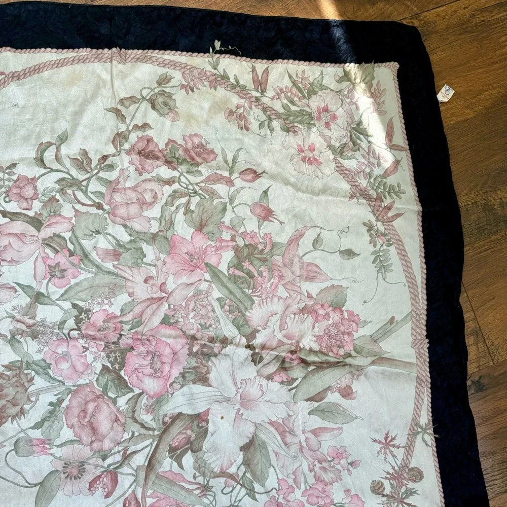 Hiroko for Dozo Cream / Pink Floral  Black Trim Silk Scarf